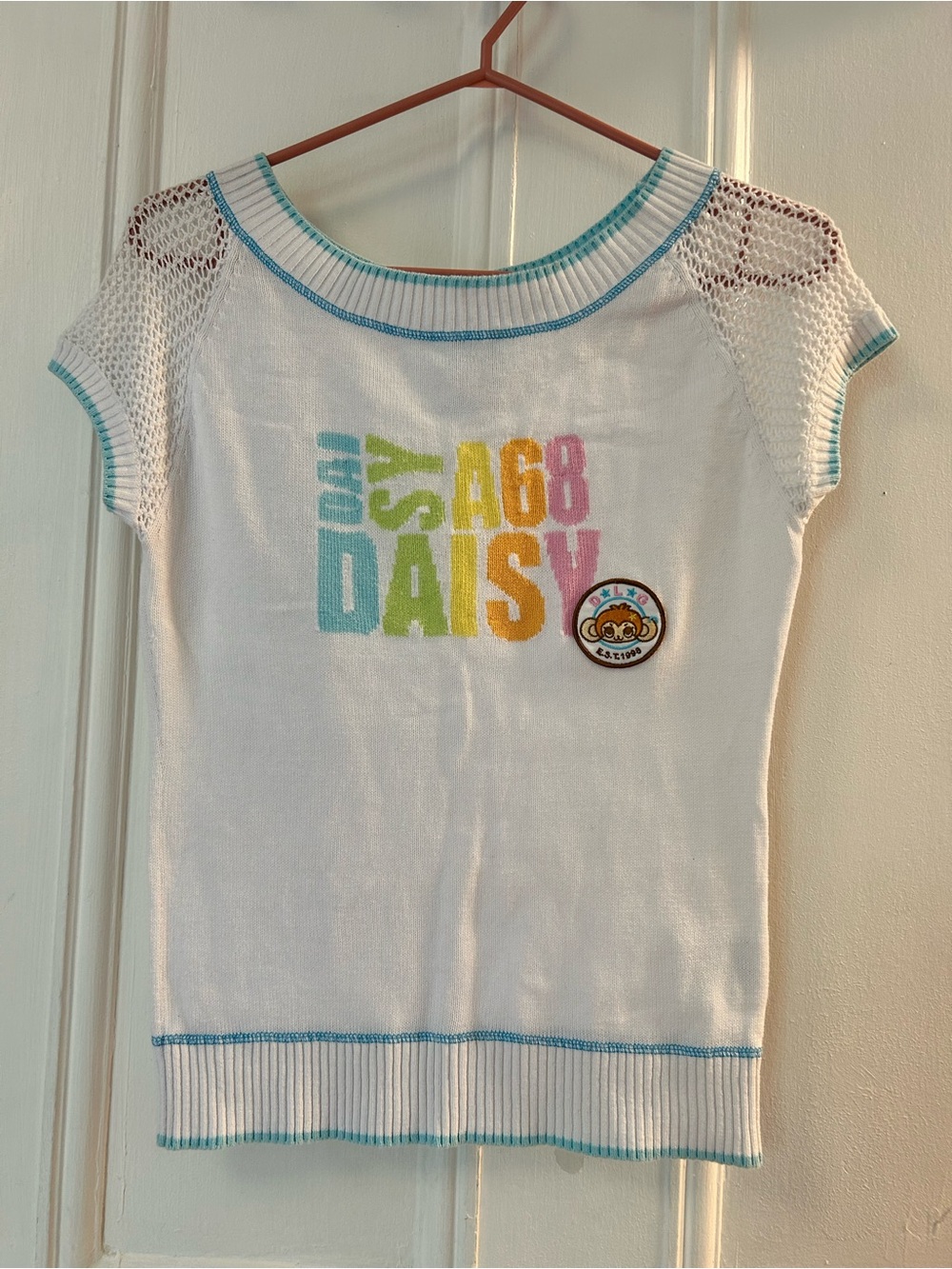 Daisy White Knit Tee with Pastel Multicolor Logo and Aqua Trim